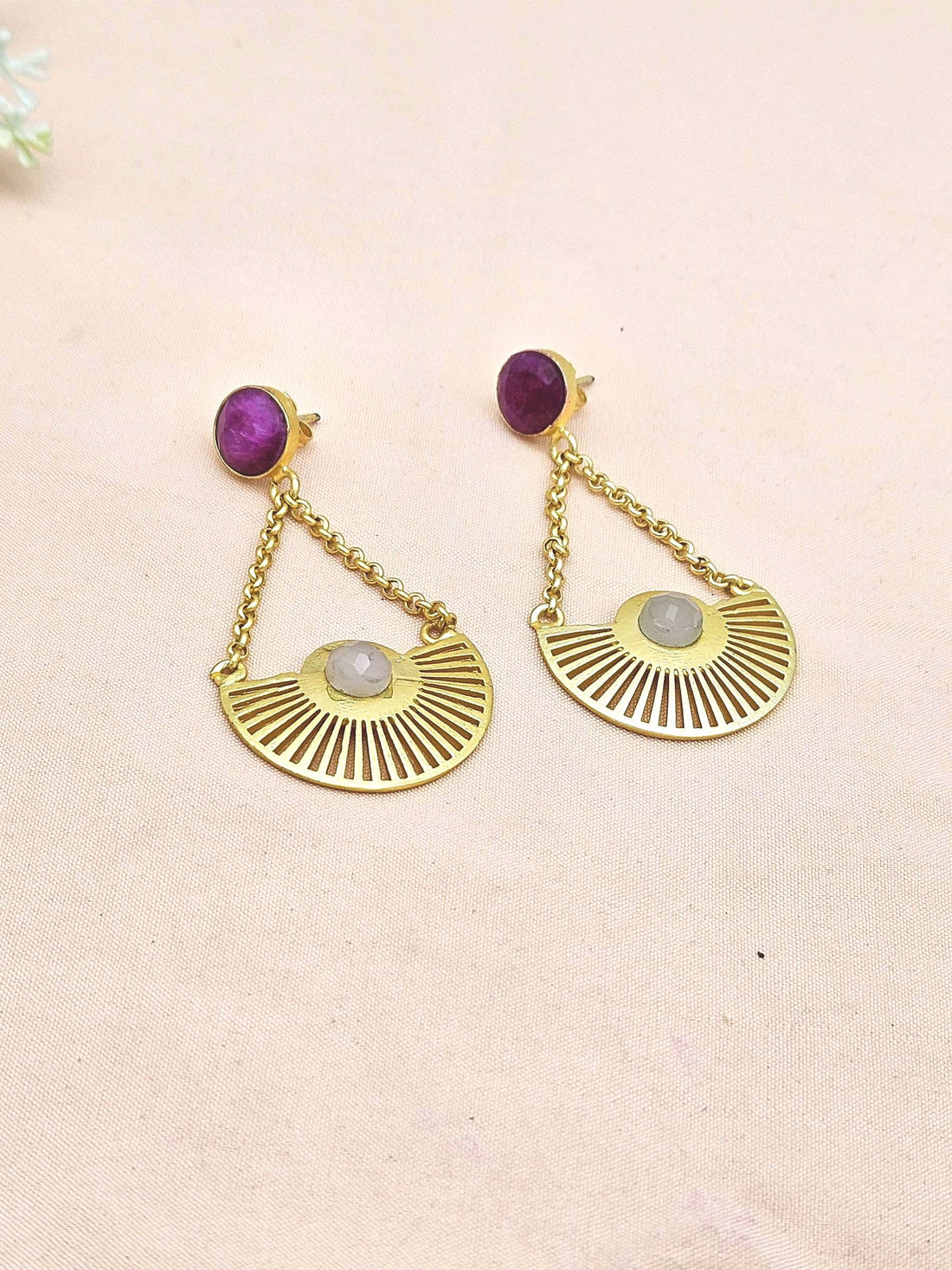 Charming Gold plated Red Hathipara-Rose Quartz Stone Cute Designer Dangle Drop Earrings