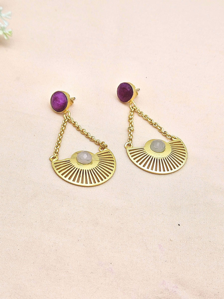 Charming Gold plated Red Hathipara-Rose Quartz Stone Cute Designer Dangle Drop Earrings