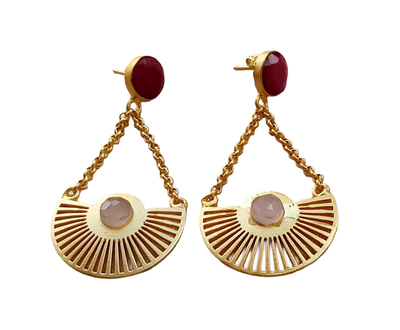 Charming Gold plated Red Hathipara-Rose Quartz Stone Cute Designer Dangle Drop Earrings