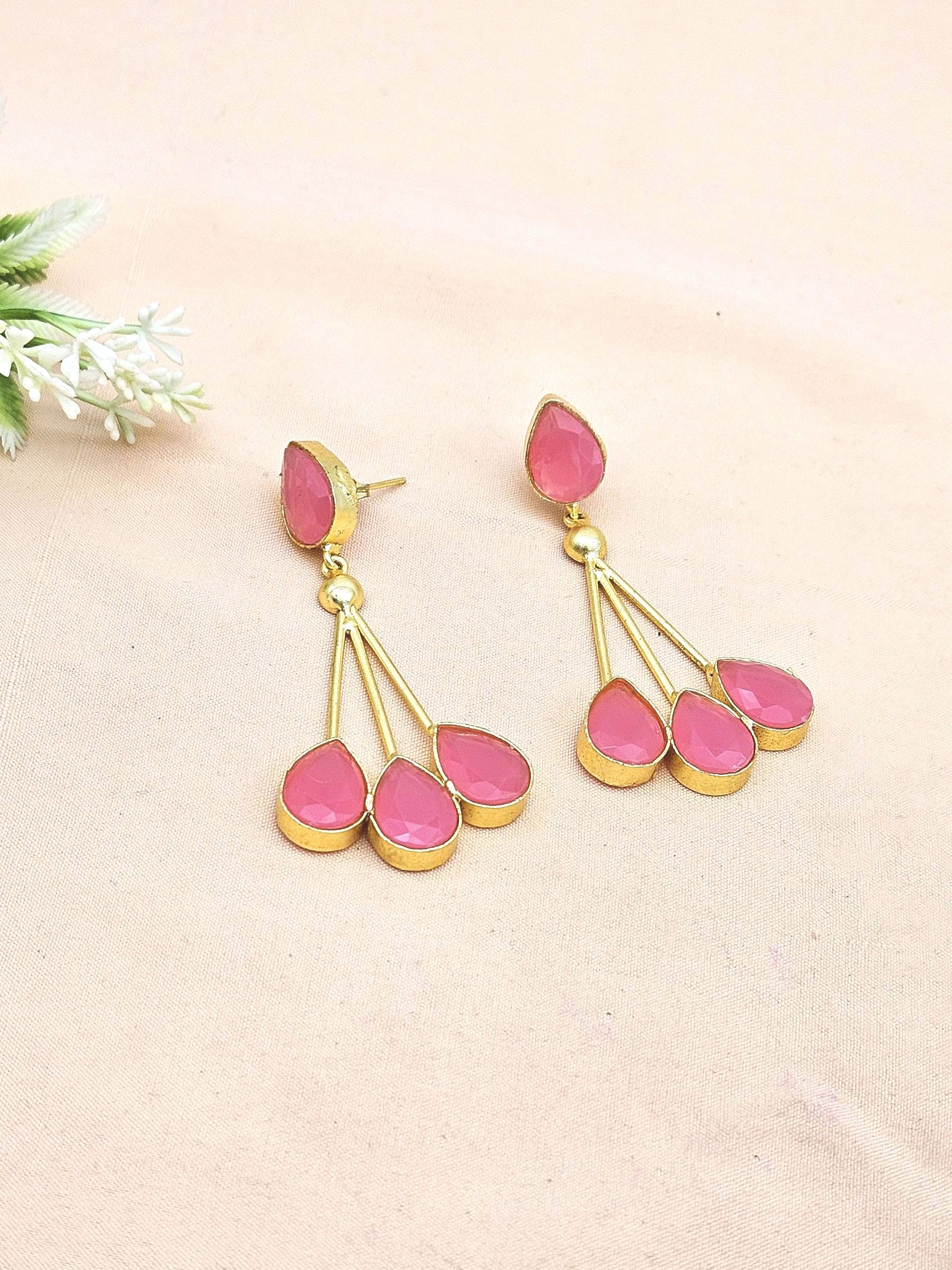 Handcrafted Gold plated Pink Glass Stone Floral Designer Dangle Drop Earrings