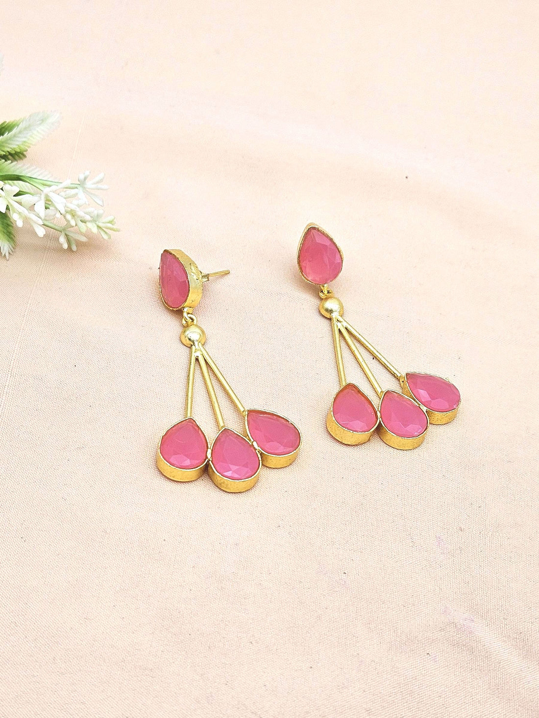 Handcrafted Gold plated Pink Glass Stone Floral Designer Dangle Drop Earrings