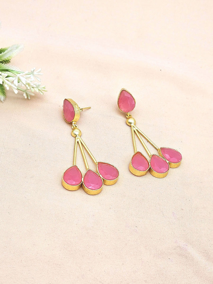 Handcrafted Gold plated Pink Glass Stone Floral Designer Dangle Drop Earrings