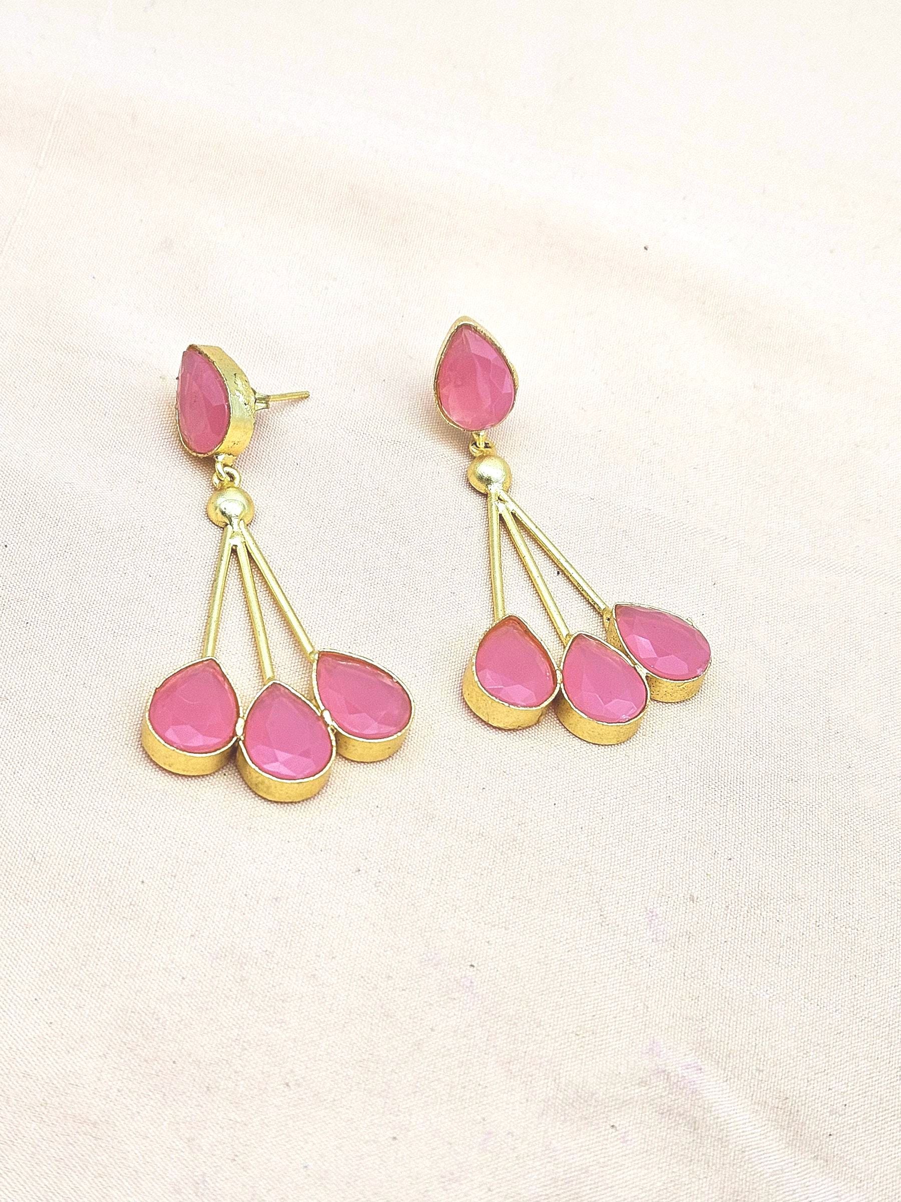 Handcrafted Gold plated Pink Glass Stone Floral Designer Dangle Drop Earrings