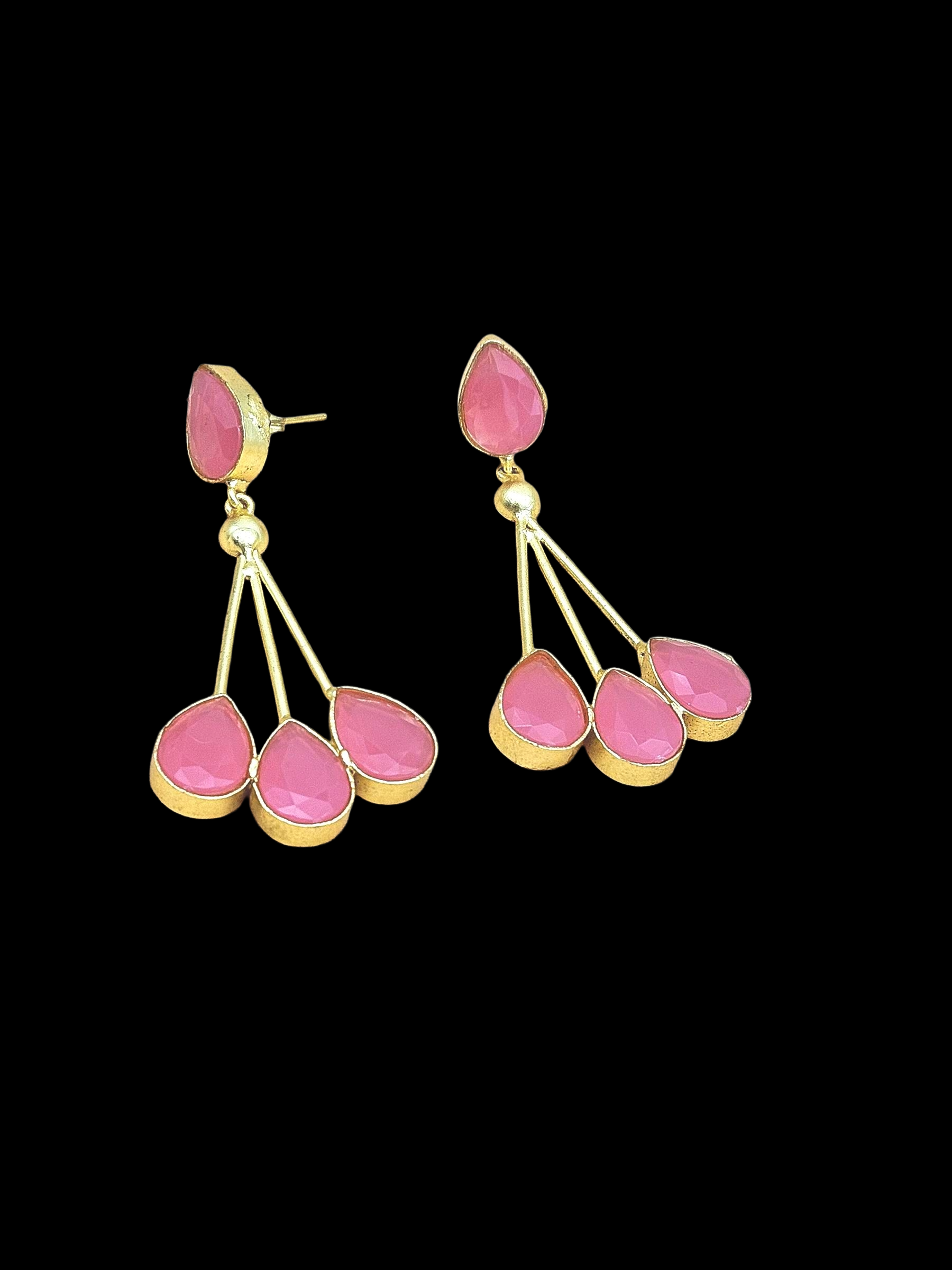 Handcrafted Gold plated Pink Glass Stone Floral Designer Dangle Drop Earrings