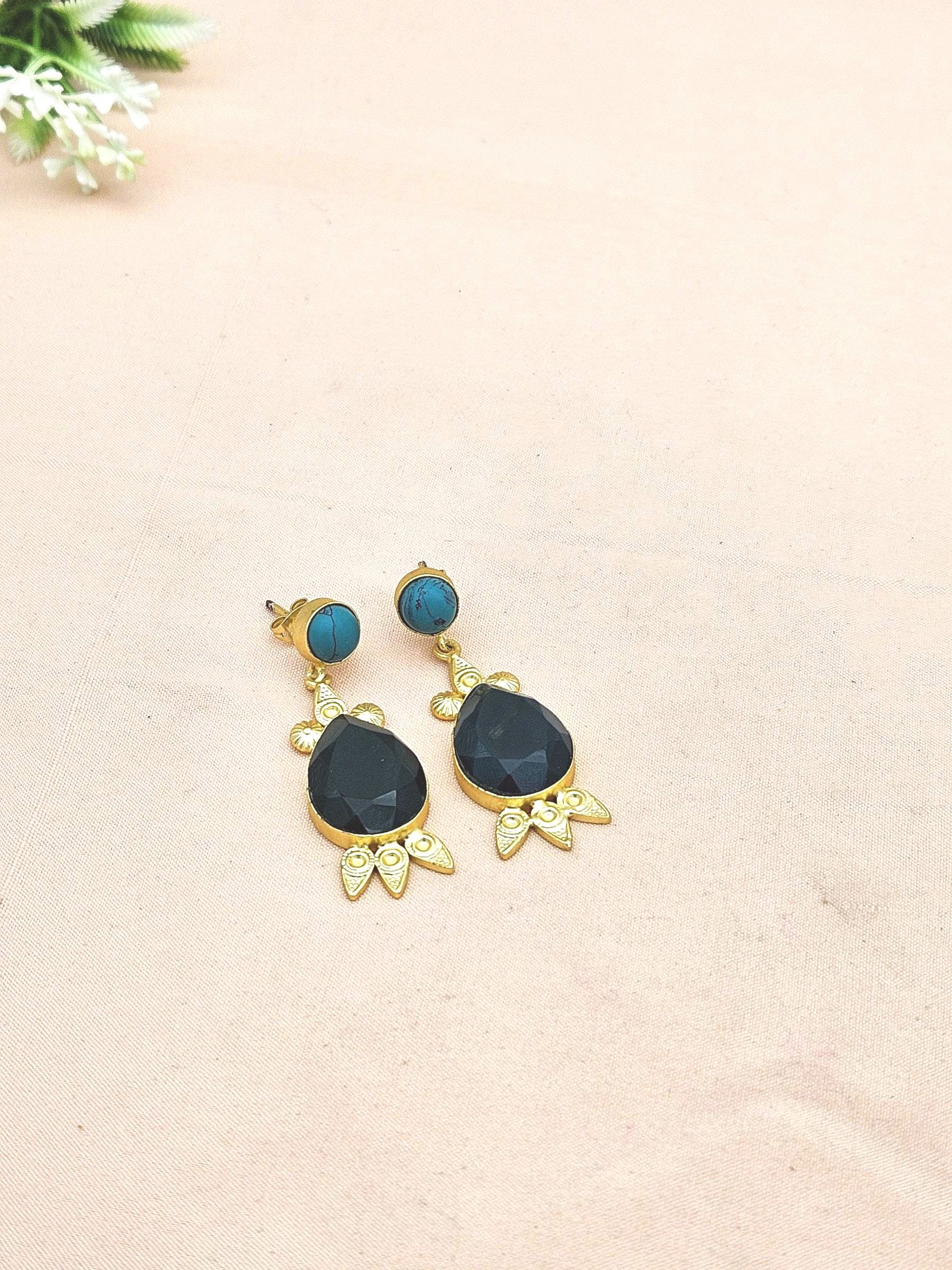 Gorgeous Gold plated Synthetic Turquoise-Green Onyx Cute Designer Dangle Drop Earrings