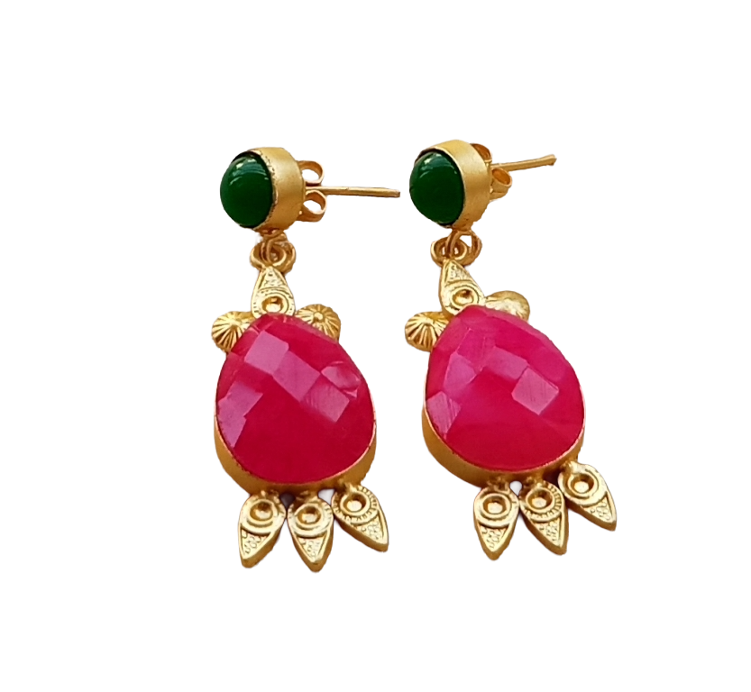 Gorgeous Gold plated Green & Magenta Onyx Cute Designer Dangle Drop Earrings