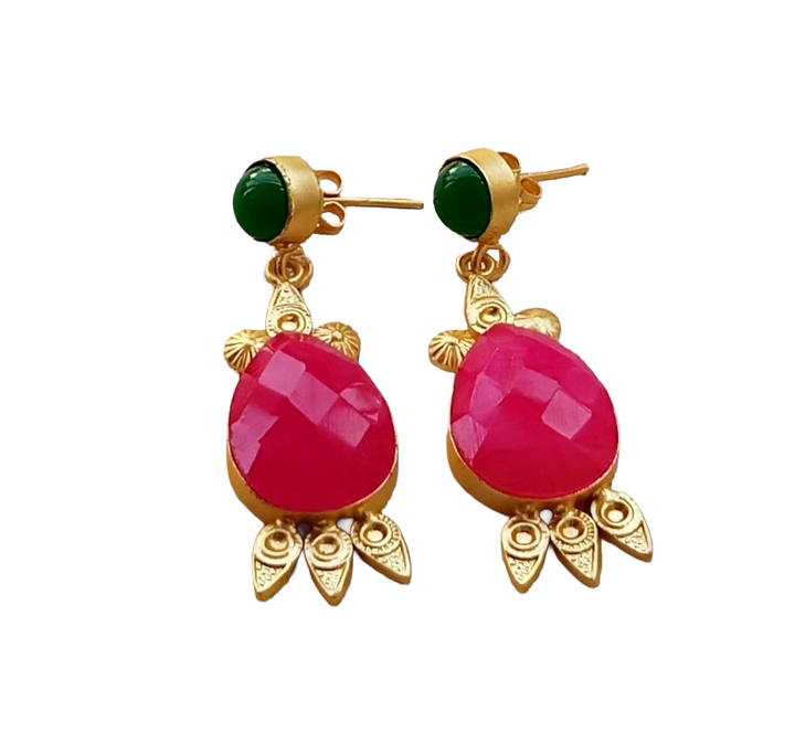 Gorgeous Gold plated Green & Magenta Onyx Cute Designer Dangle Drop Earrings