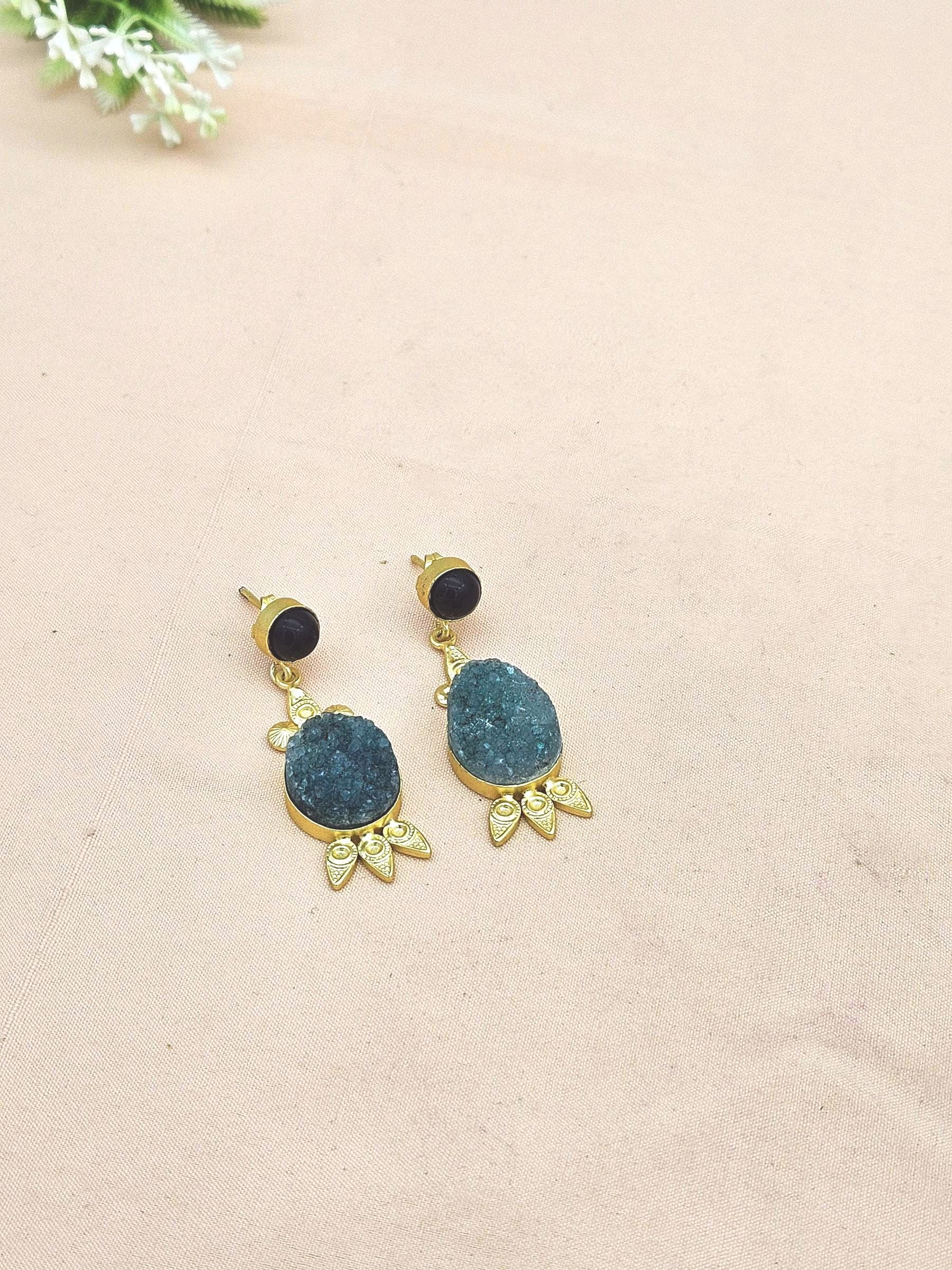 Gorgeous Gold plated Black Onyx-Green Druzy Cute Designer Dangle Drop Earrings