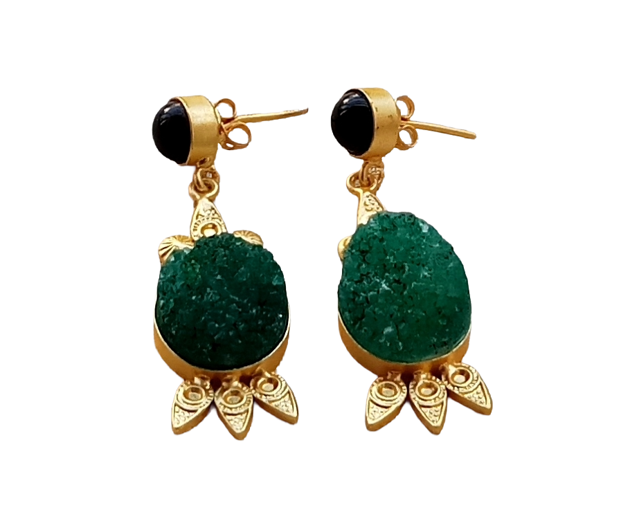 Gorgeous Gold plated Black Onyx-Green Druzy Cute Designer Dangle Drop Earrings