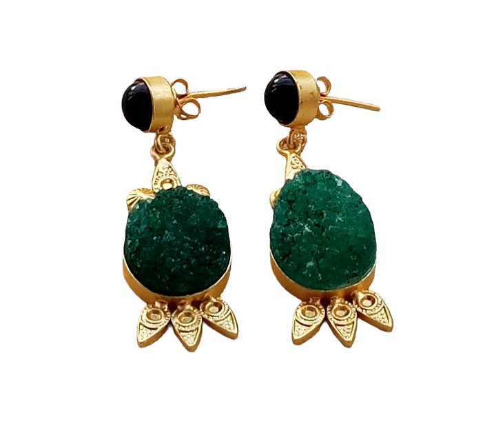 Gorgeous Gold plated Black Onyx-Green Druzy Cute Designer Dangle Drop Earrings