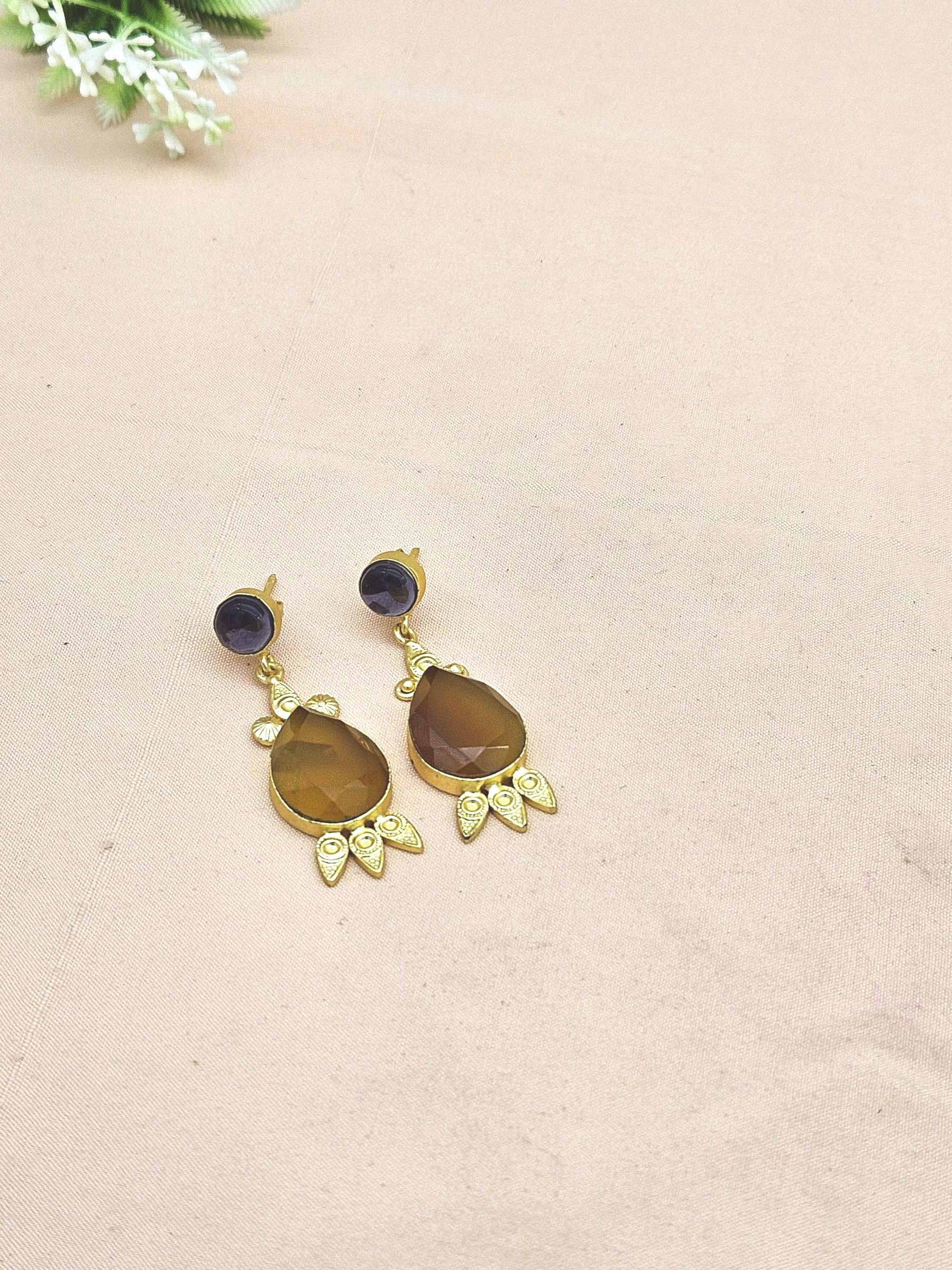 Gorgeous Gold plated Amethyst-Yellow Chalcedony Cute Designer Dangle Drop Earrings