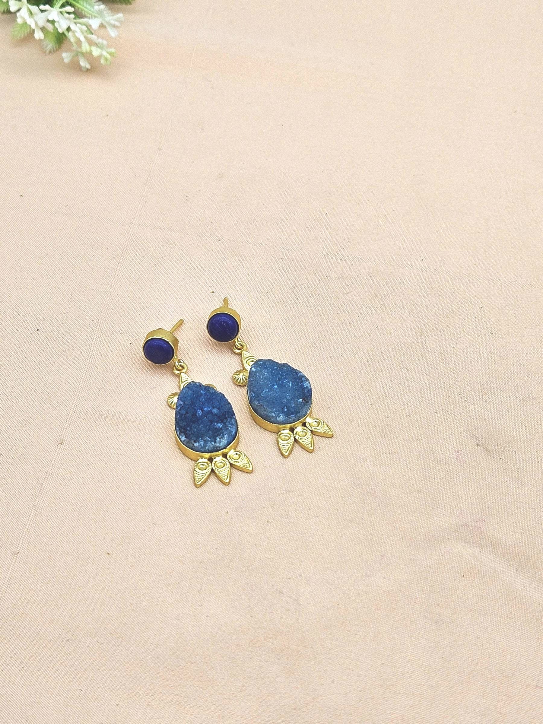Gorgeous Gold plated Blue Druzy-Blue Glass Cute Designer Dangle Drop Earrings