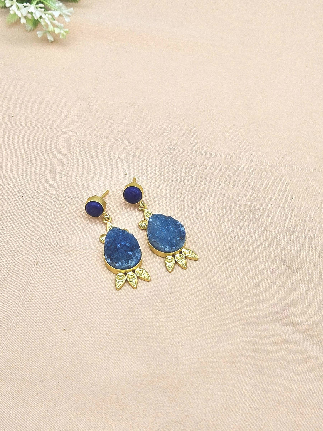 Gorgeous Gold plated Blue Druzy-Blue Glass Cute Designer Dangle Drop Earrings