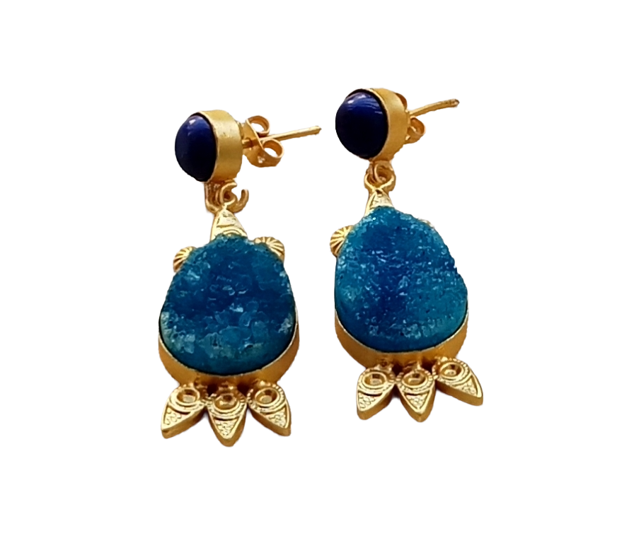 Gorgeous Gold plated Blue Druzy-Blue Glass Cute Designer Dangle Drop Earrings
