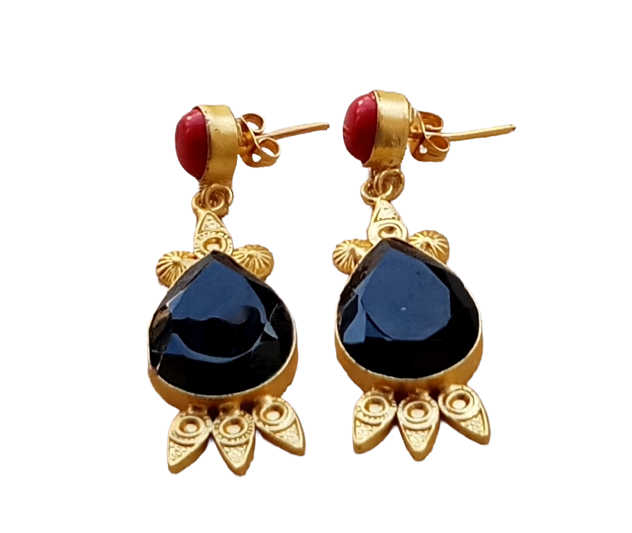 Gorgeous Gold plated Black Onyx-Red Glass Cute Designer Dangle Drop Earrings