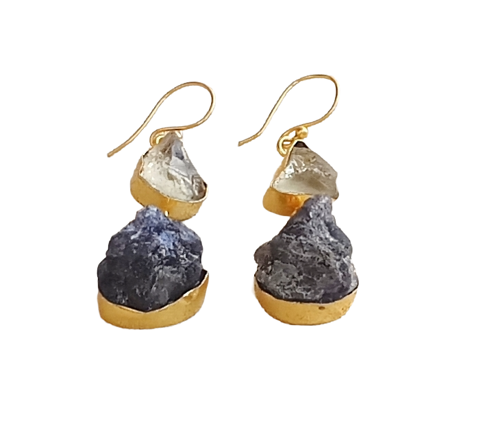 Charming Gold plated Rough Green Amethyst-Black Onyx Stone Cute Designer Dangle Drop Earrings