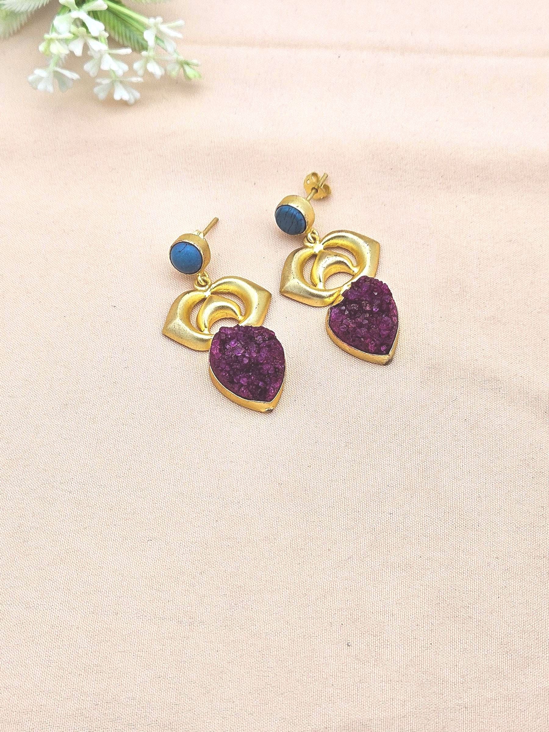 Gold Plated Brass Dangle Earrings – Imitation stone Handcrafted Jewelry