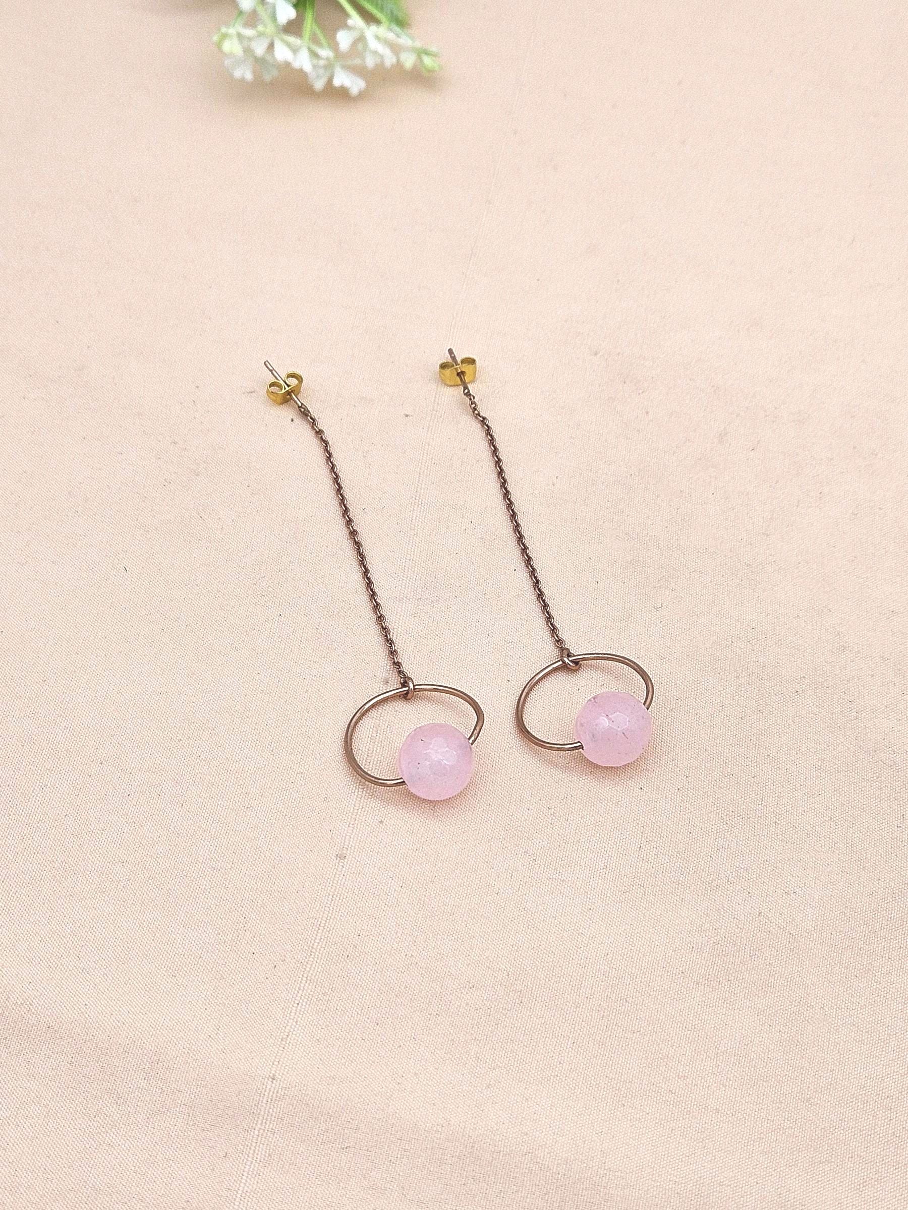 Awesome Copper Plated Rose Quartz Beads light weight Chain Designer Dangle Drop Earrings