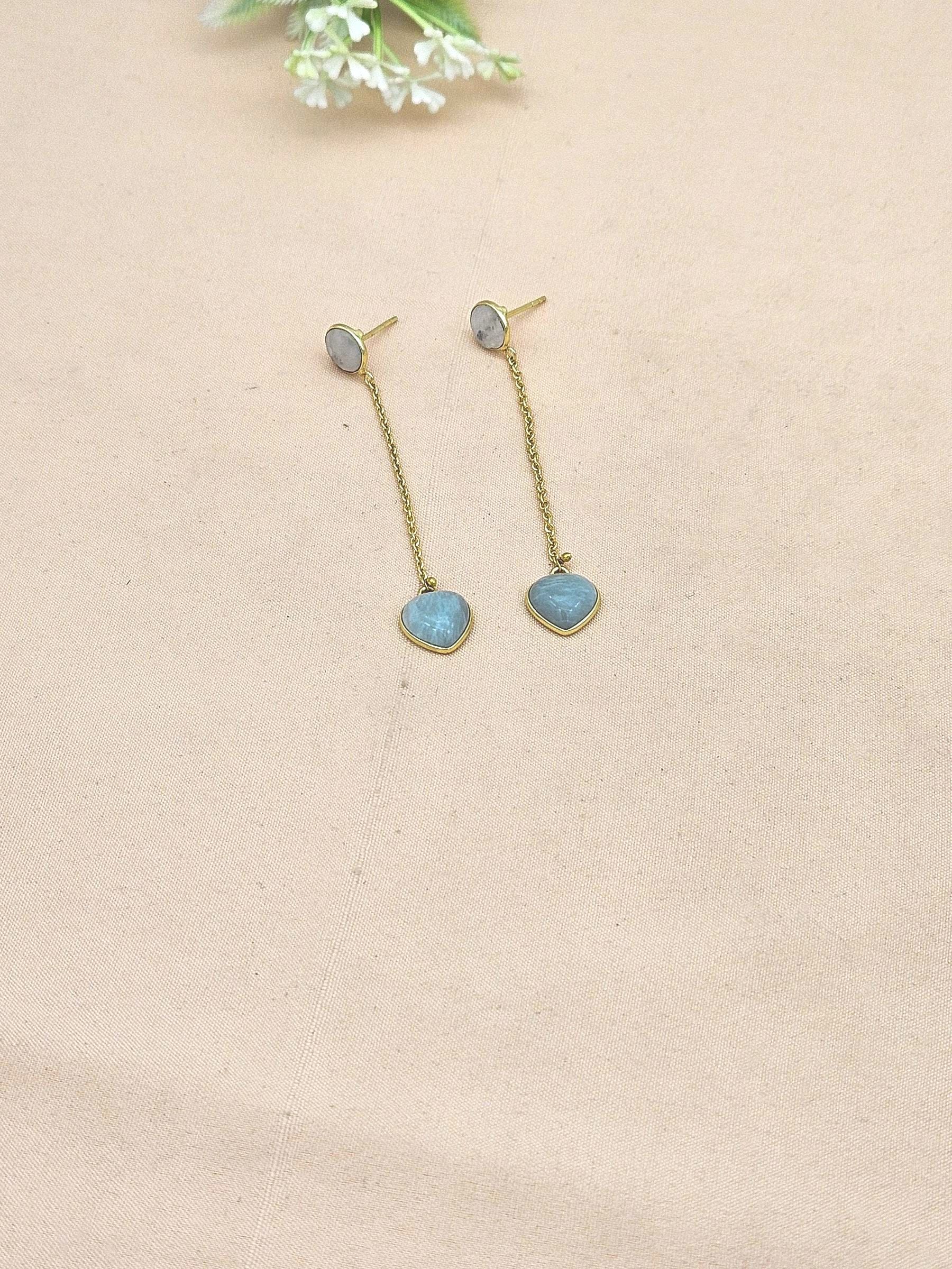 Awesome Gold Plated White Rainbow-Amazonite Gem Stone Charming Chain Designer Dangle Drop Earrings