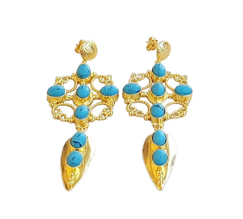 Amazing Gold Plated Synthetic Turquoise Stone Cute Floral Designer Dangle Drop Earrings