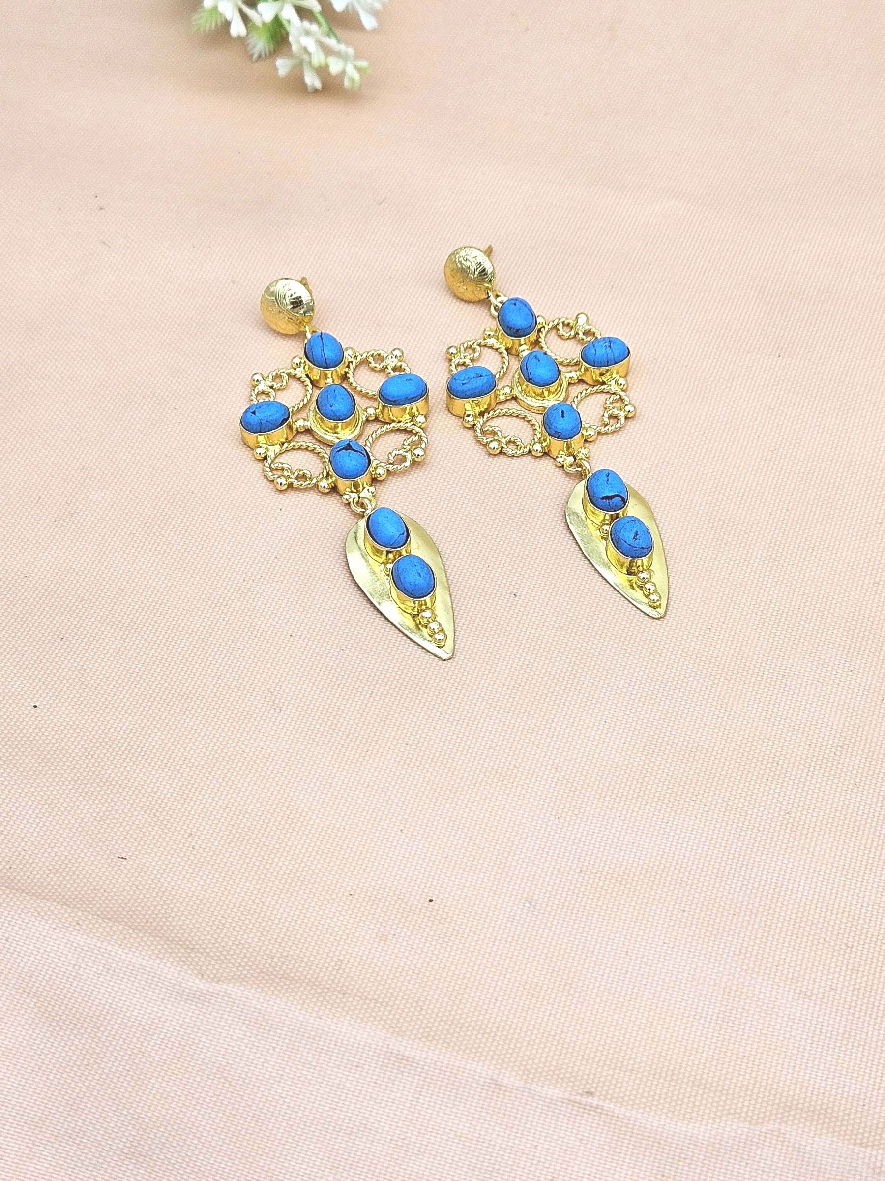 Amazing Gold Plated Synthetic Turquoise Stone Cute Floral Designer Dangle Drop Earrings