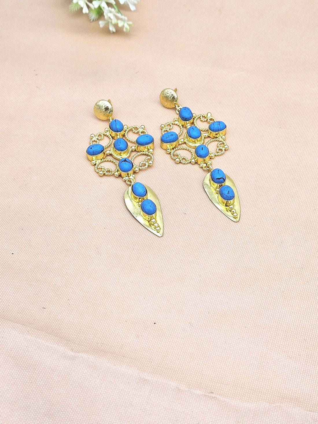 Amazing Gold Plated Synthetic Turquoise Stone Cute Floral Designer Dangle Drop Earrings