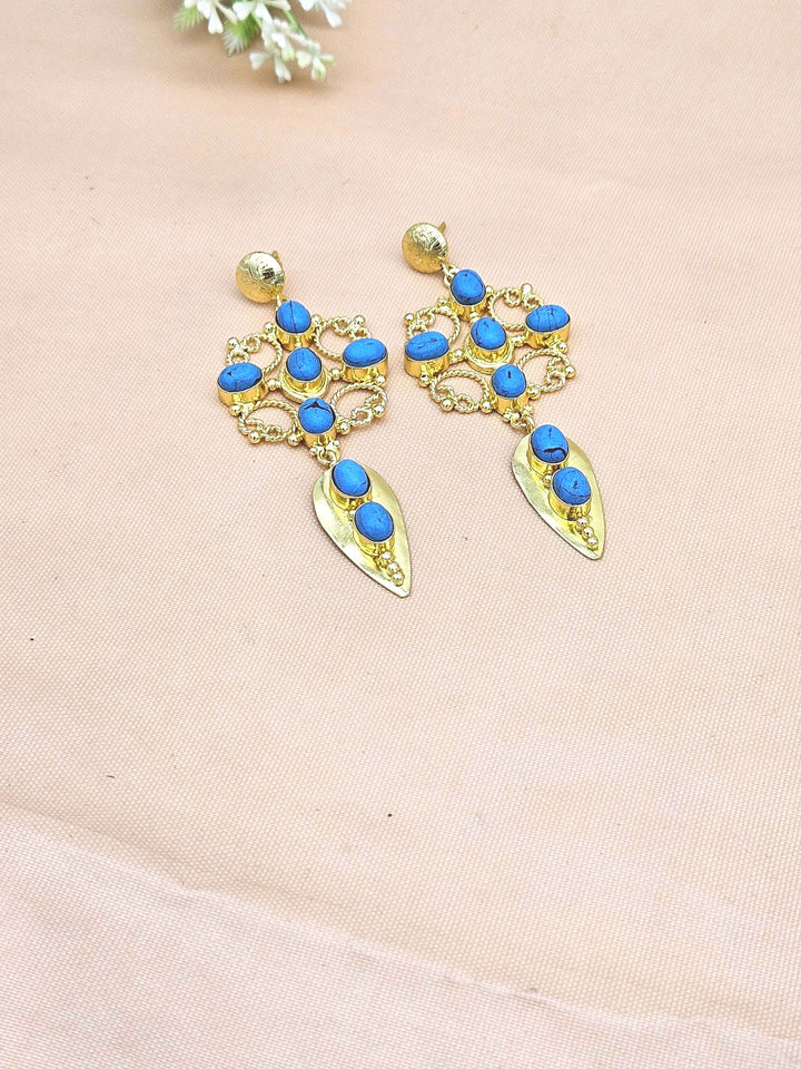 Amazing Gold Plated Synthetic Turquoise Stone Cute Floral Designer Dangle Drop Earrings