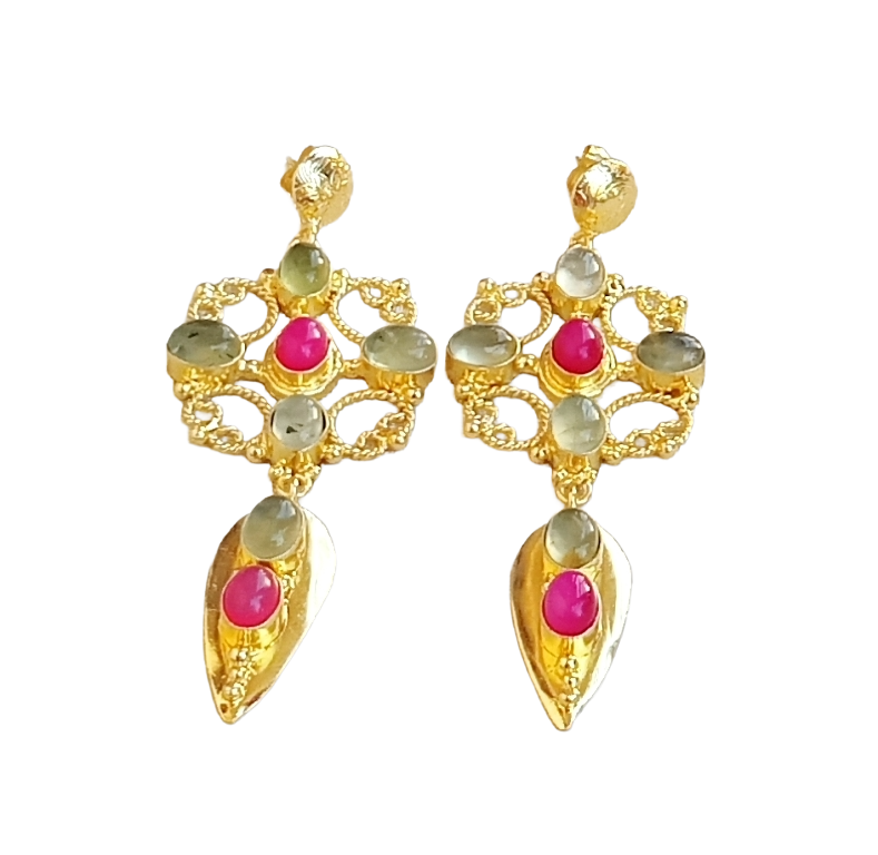 Amazing Gold Plated Prehnite Magenta Onyx Stone Cute Floral Designer Dangle Drop Earrings