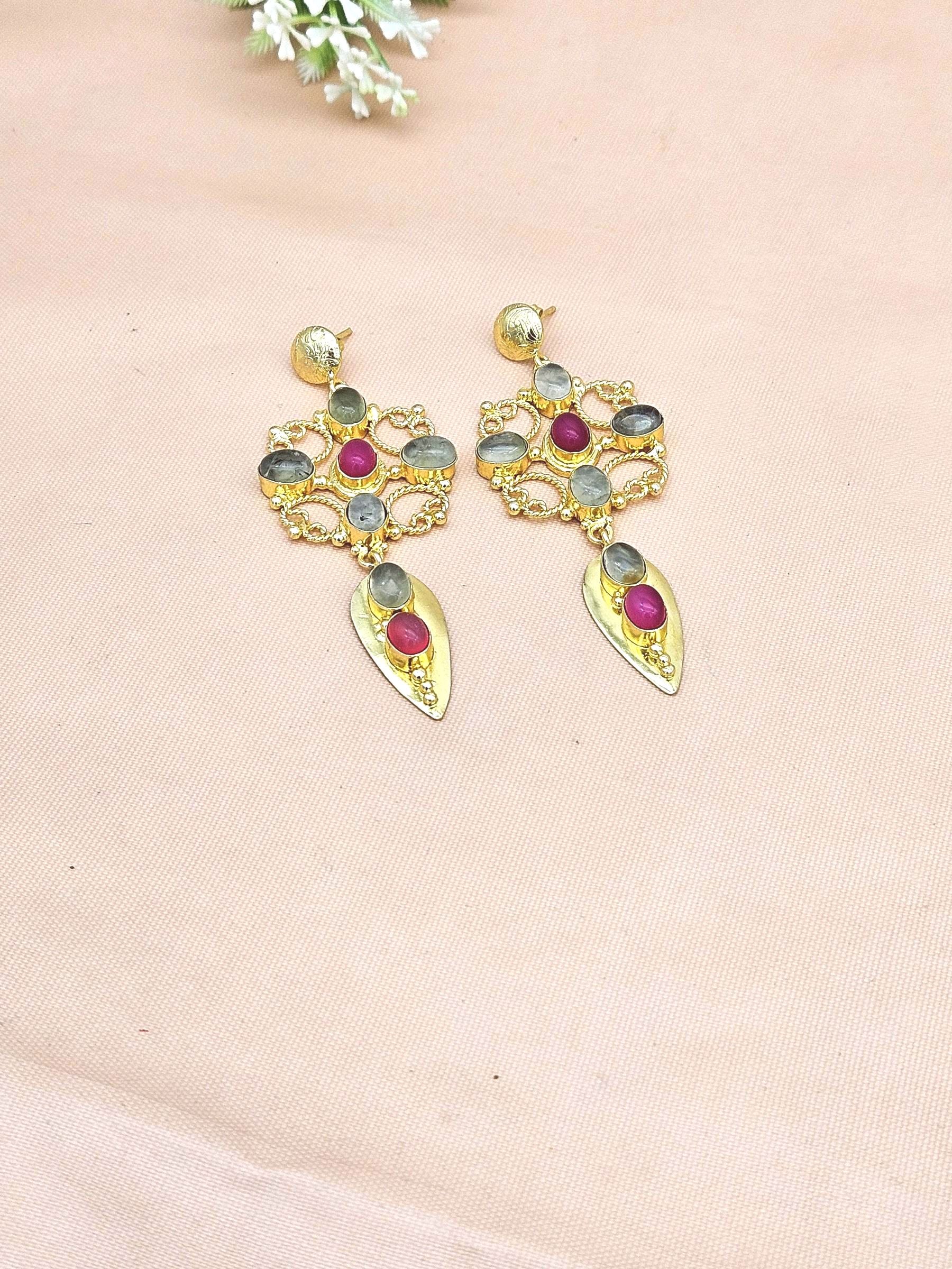 Amazing Gold Plated Prehnite Magenta Onyx Stone Cute Floral Designer Dangle Drop Earrings