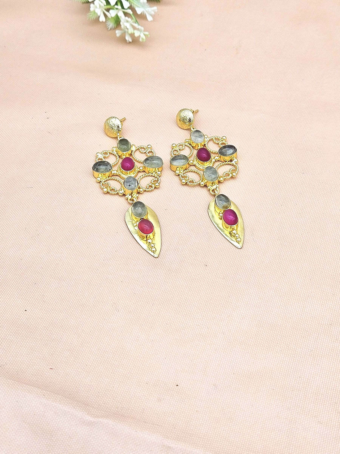 Amazing Gold Plated Prehnite Magenta Onyx Stone Cute Floral Designer Dangle Drop Earrings
