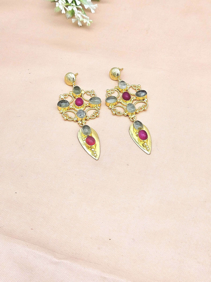 Amazing Gold Plated Prehnite Magenta Onyx Stone Cute Floral Designer Dangle Drop Earrings