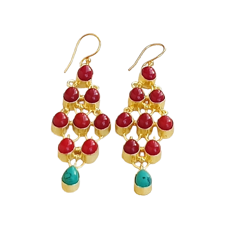 Gorgeous Gold Plated Coral - Turquoise Gem Stone Cute Floral Designer Dangle Drop Earrings