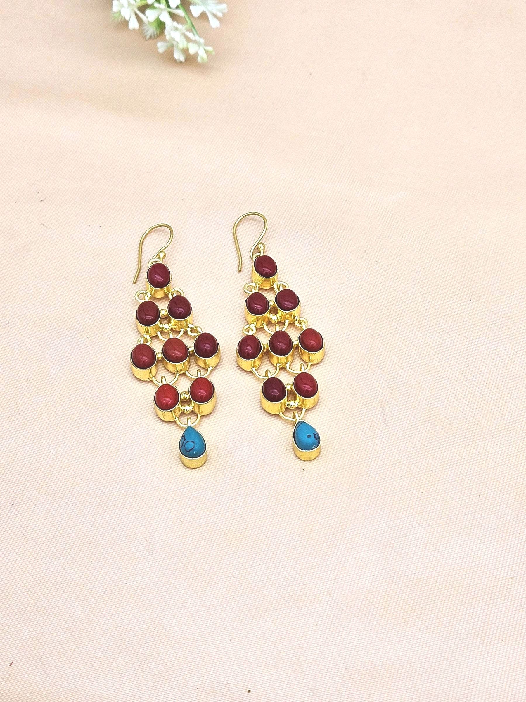Gorgeous Gold Plated Coral - Turquoise Gem Stone Cute Floral Designer Dangle Drop Earrings