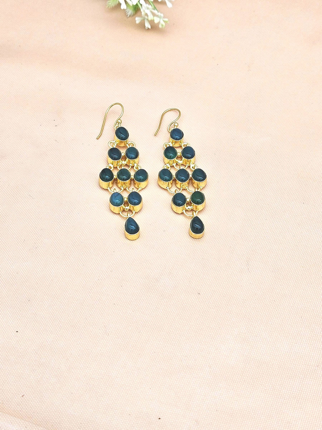 Gorgeous Gold Plated Green Onyx Gem Stone Cute Floral Designer Dangle Drop Earrings