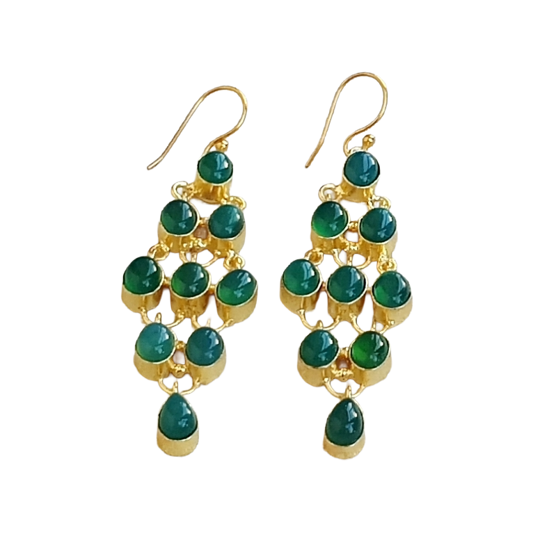 Gorgeous Gold Plated Green Onyx Gem Stone Cute Floral Designer Dangle Drop Earrings