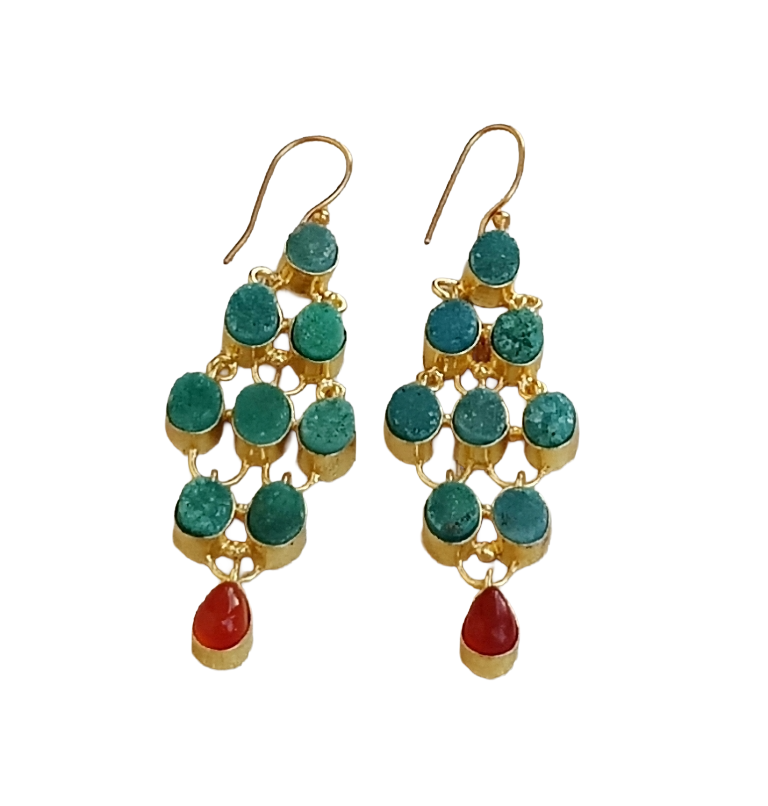 Gorgeous Gold Plated Green Druzy Red Onyx Gem Stone Cute Floral Designer Dangle Drop Earrings