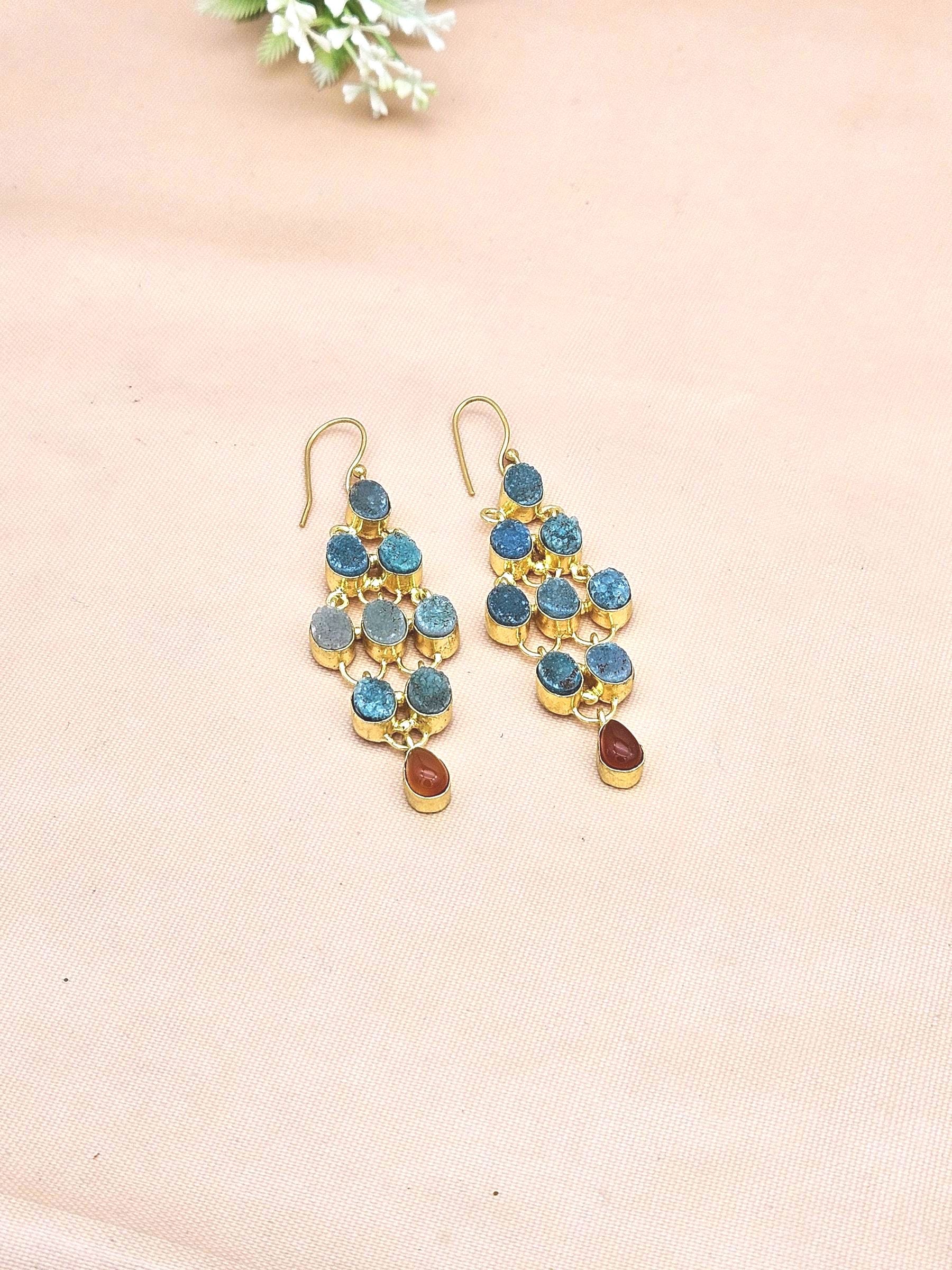 Gorgeous Gold Plated Green Druzy Red Onyx Gem Stone Cute Floral Designer Dangle Drop Earrings