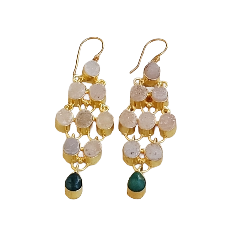 Gorgeous Gold Plated Druzy-Green Hathipara Gem Stone Cute Floral Designer Dangle Drop Earrings
