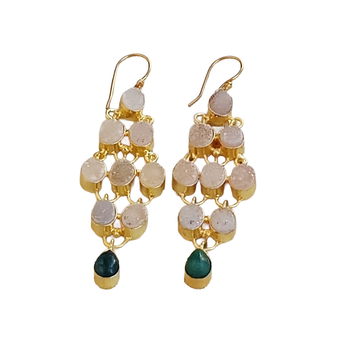 Gorgeous Gold Plated Druzy-Green Hathipara Gem Stone Cute Floral Designer Dangle Drop Earrings