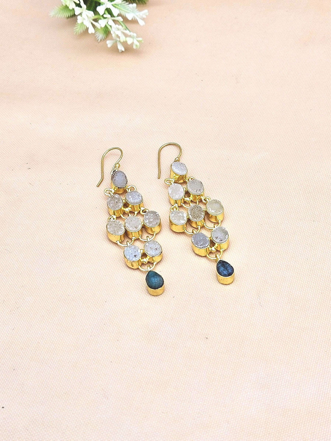 Gorgeous Gold Plated Druzy-Green Hathipara Gem Stone Cute Floral Designer Dangle Drop Earrings