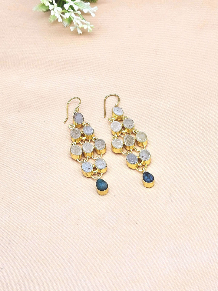 Gorgeous Gold Plated Druzy-Green Hathipara Gem Stone Cute Floral Designer Dangle Drop Earrings