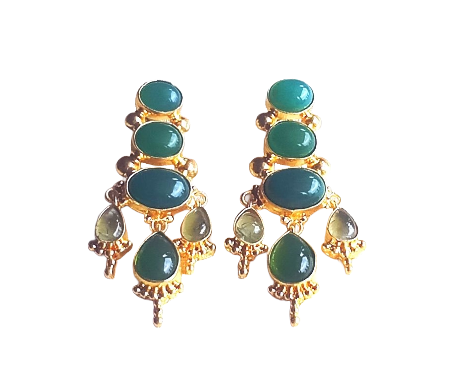 Awesome Gold Plated Green Onyx-Prehnite Floral Designer Dangle Drop Earrings
