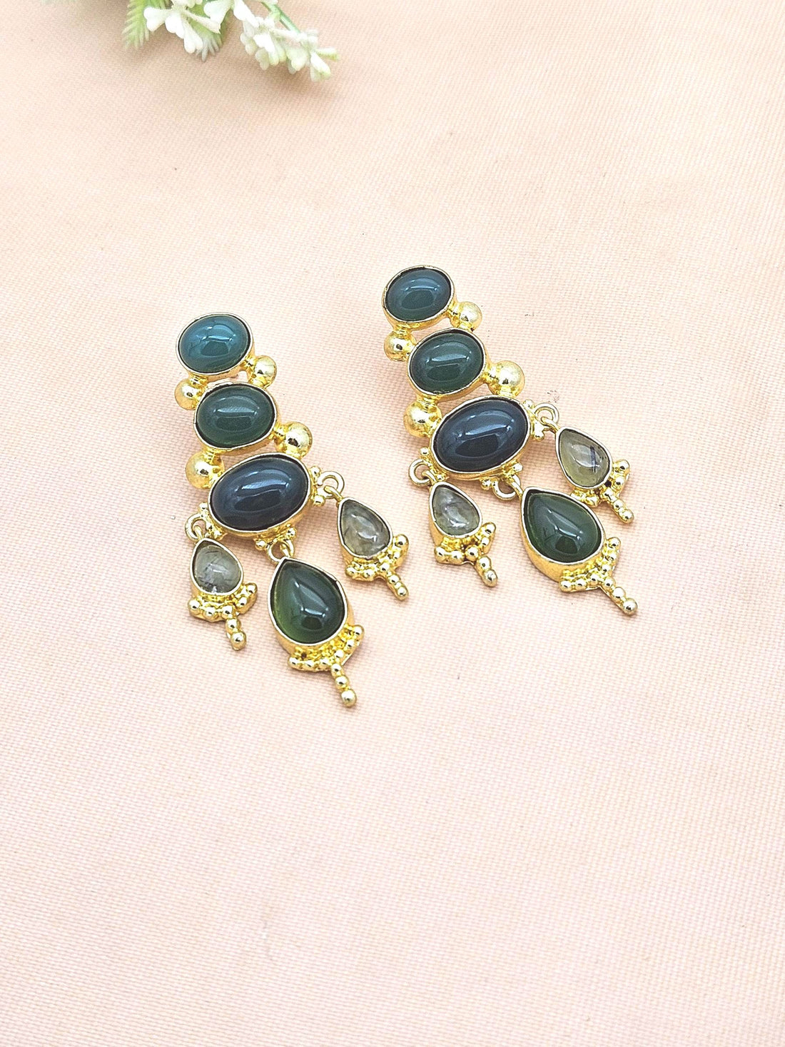 Awesome Gold Plated Green Onyx-Prehnite Floral Designer Dangle Drop Earrings