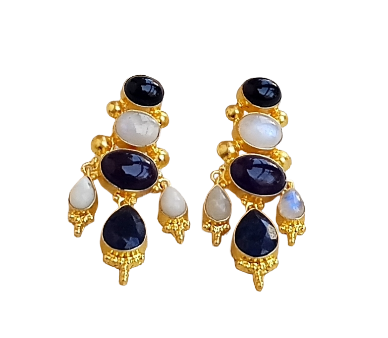 Awesome Gold Plated Black Onyx-Amethyst-White Rainbow-Blue Hathipara Floral Designer Dangle Drop Earrings