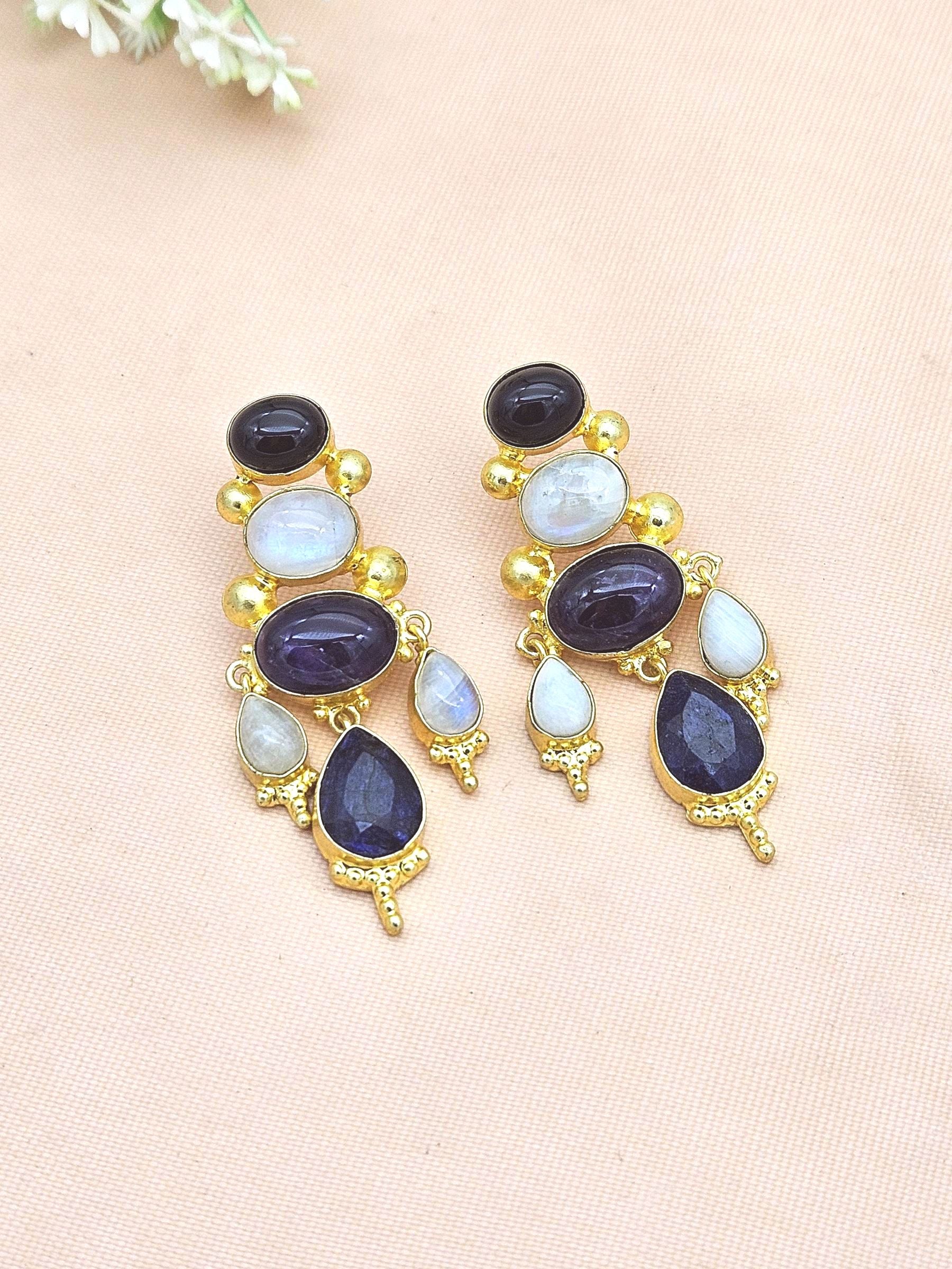 Awesome Gold Plated Black Onyx-Amethyst-White Rainbow-Blue Hathipara Floral Designer Dangle Drop Earrings