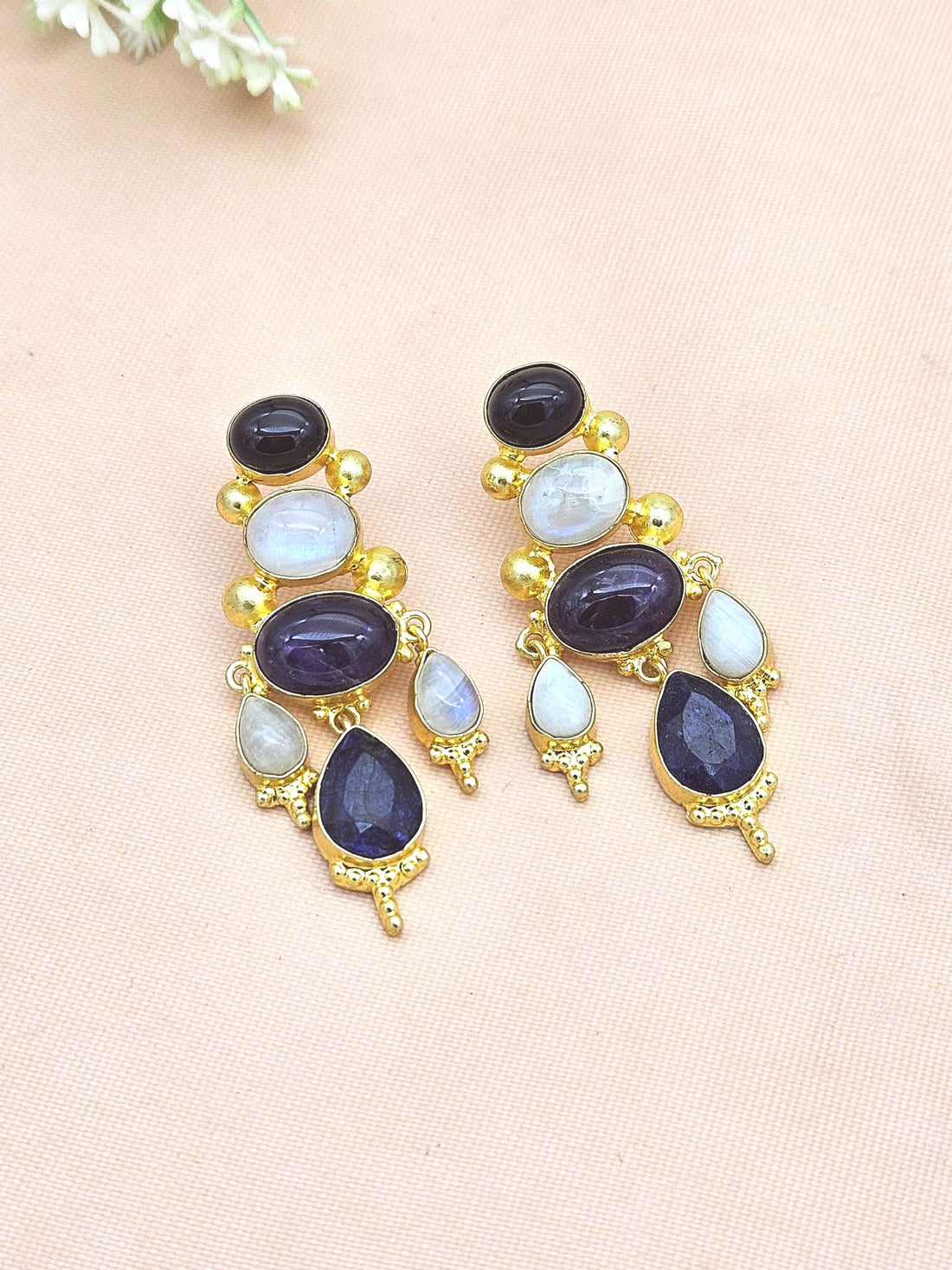 Awesome Gold Plated Black Onyx-Amethyst-White Rainbow-Blue Hathipara Floral Designer Dangle Drop Earrings