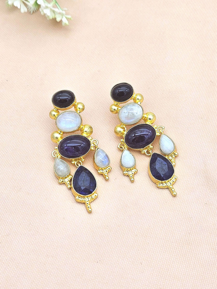Awesome Gold Plated Black Onyx-Amethyst-White Rainbow-Blue Hathipara Floral Designer Dangle Drop Earrings