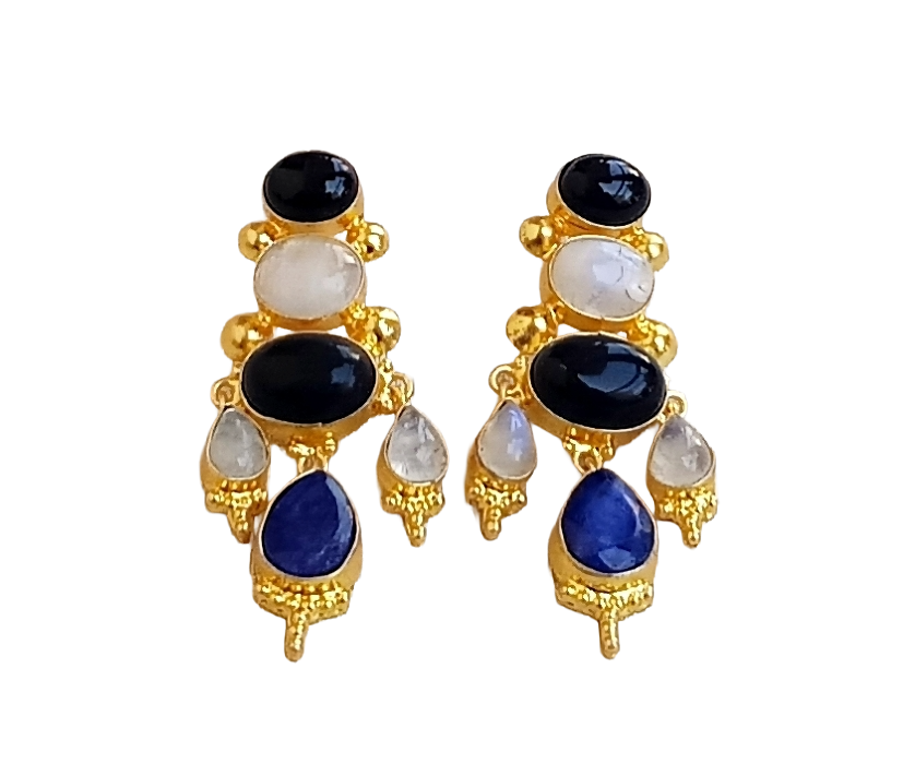 Awesome Gold Plated Black Onyx-White Rainbow-Blue Hathipara Floral Designer Dangle Drop Earrings