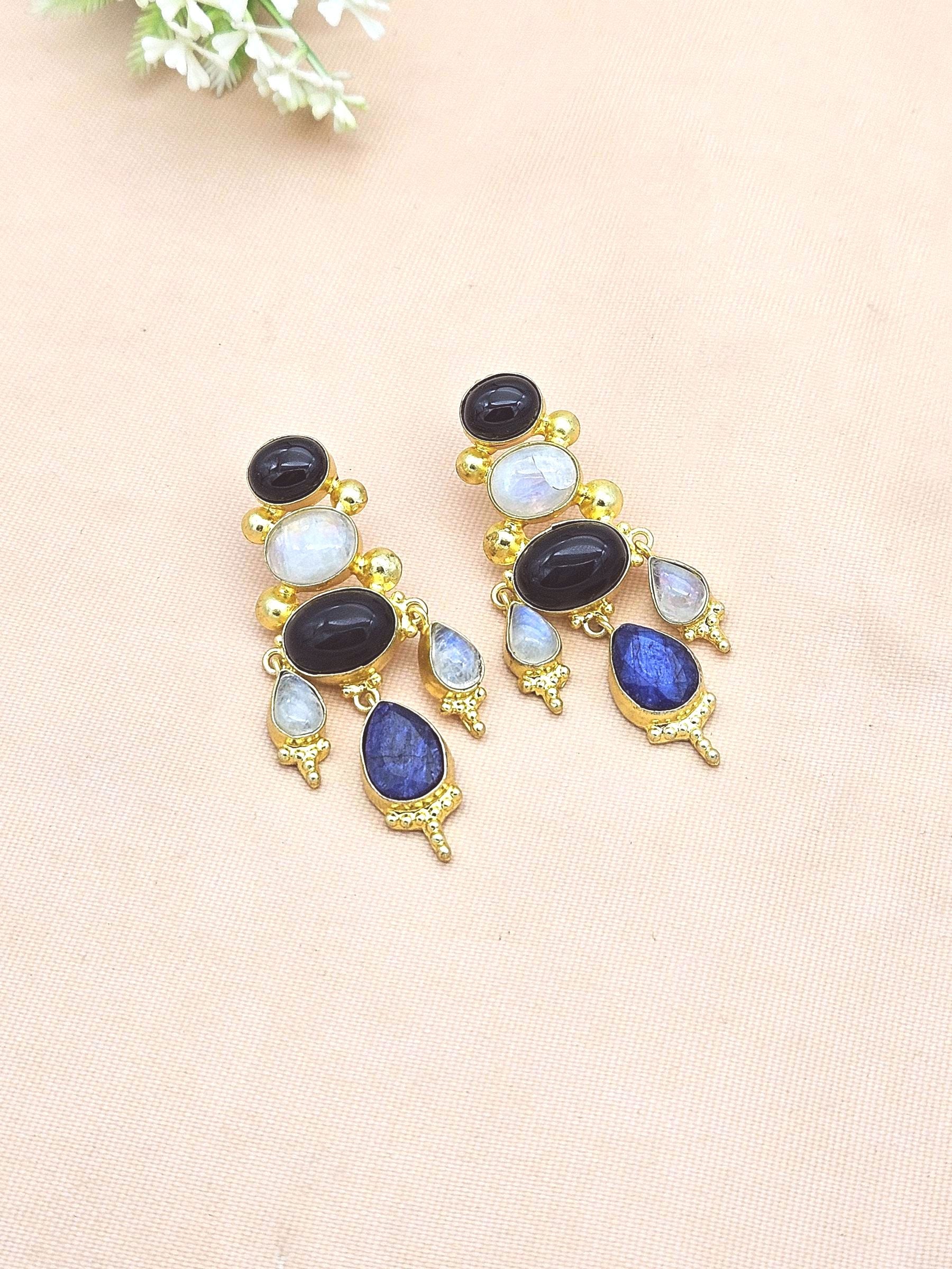 Awesome Gold Plated Black Onyx-White Rainbow-Blue Hathipara Floral Designer Dangle Drop Earrings