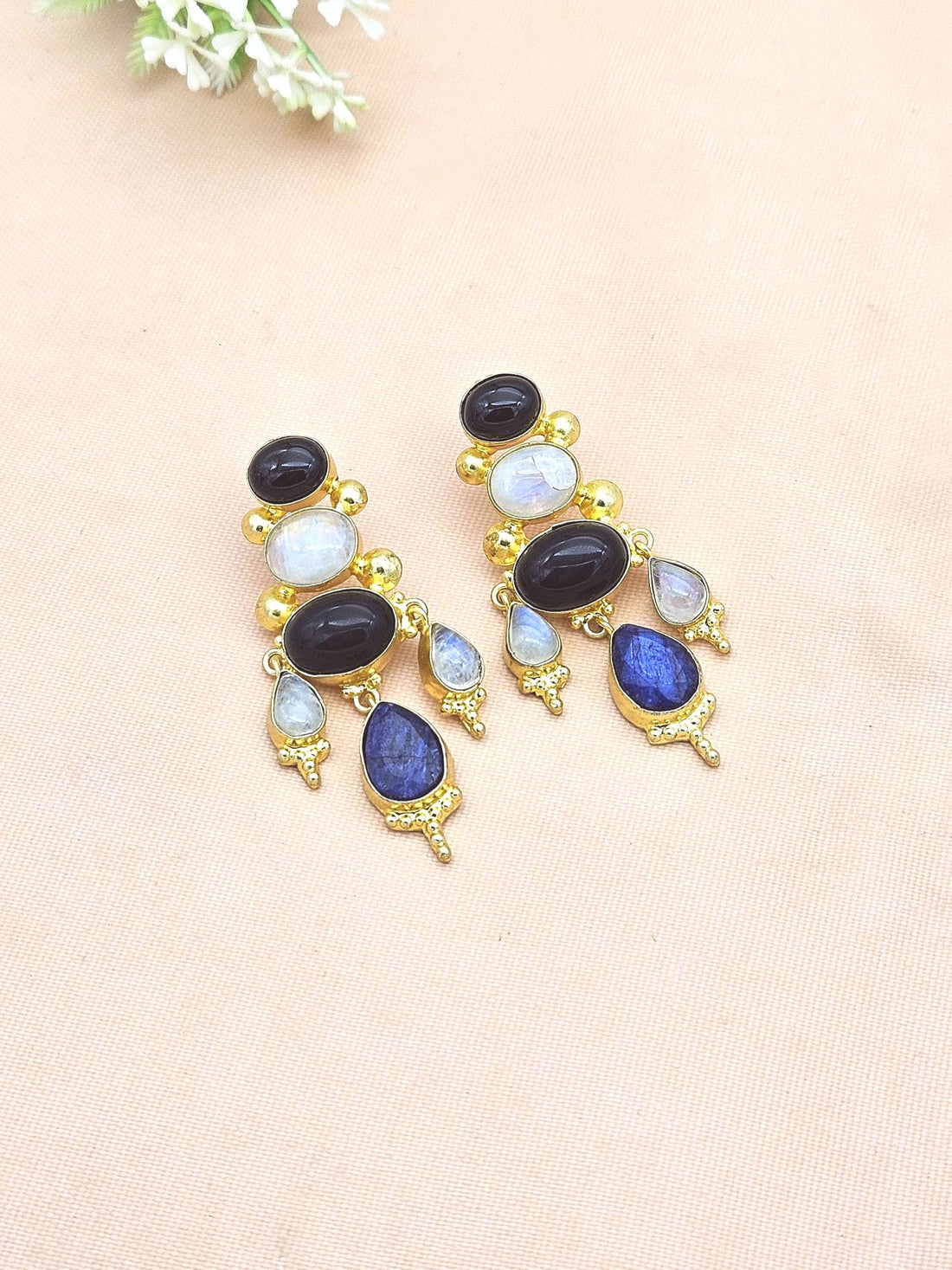 Awesome Gold Plated Black Onyx-White Rainbow-Blue Hathipara Floral Designer Dangle Drop Earrings